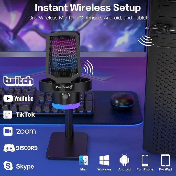 zealsound Kabellos USB Kondensator Mikrofon für PC Laptop & Handy, RGB Desktop Gaming Mikrofon, 24Bi
