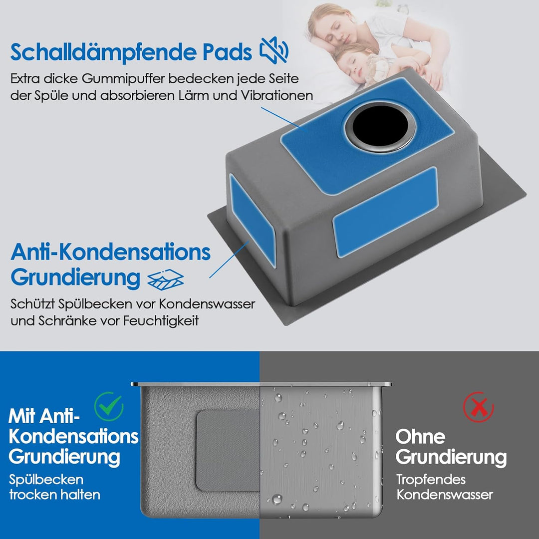 ROVOGO Küchenspüle Schwarz 50 x 28 cm, Edelstahl Spülbecken Küche mit Armaturloch, Ablaufgarnitur un