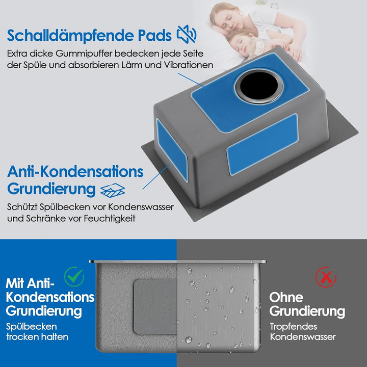 ROVOGO Küchenspüle Schwarz 50 x 28 cm, Edelstahl Spülbecken Küche mit Armaturloch, Ablaufgarnitur un
