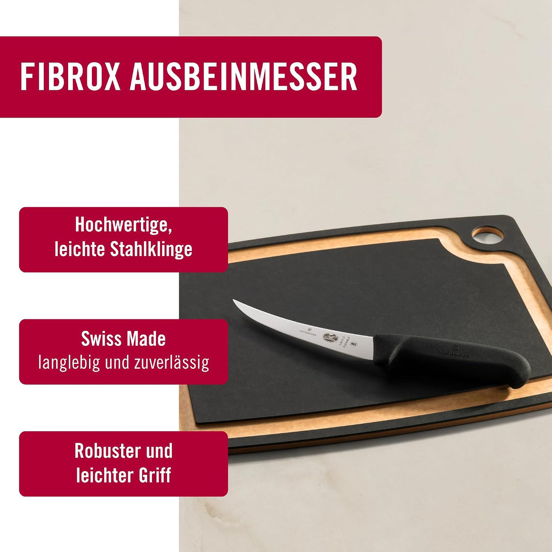 Victorinox Fibrox Ausbeinmesser, Scharfes Küchenmesser für Fleisch und Fisch, 12 cm, Gebogene Klinge