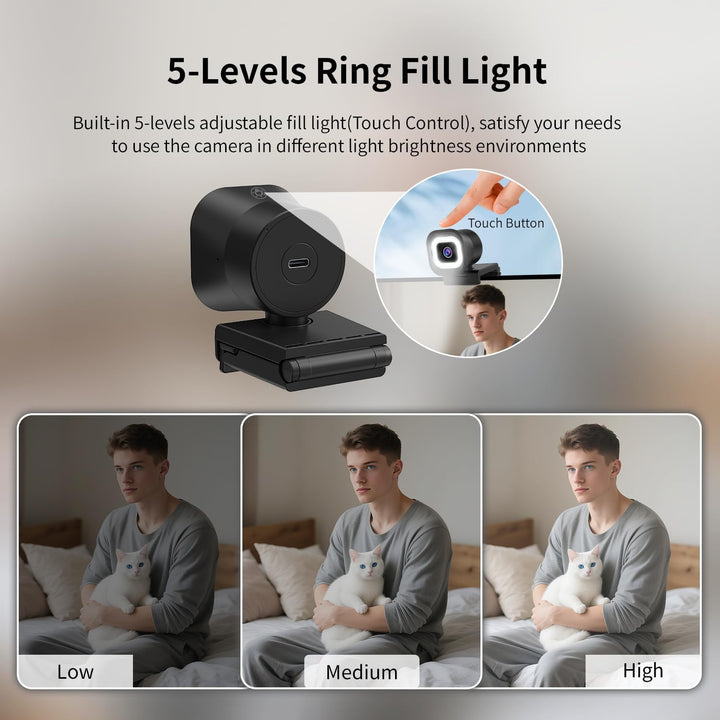TOALLIN 4K-Webcam mit Ringlicht, Fernbedienung, PDAF-Autofokus, 1/2,5-Zoll-Sensor und 12 MP, integri
