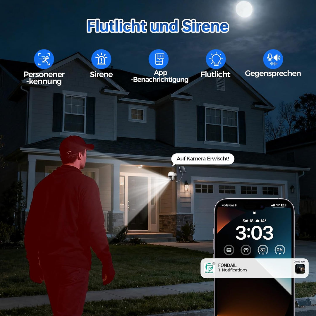 VISION WELL Solar Überwachungskamera Aussen, 2K 360° PTZ WLAN IP Kamera Kabellos, PIR Personenerkenn