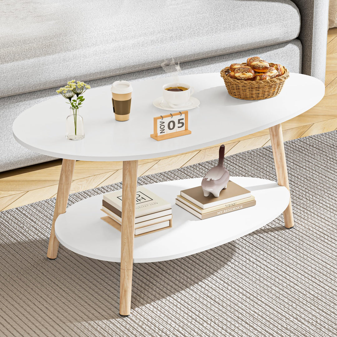 Massivholz Teetisch, Oval-Doppelschicht-Couchtisch, Runder Tisch für das Wohnzimmer, Couchtisch, Sei
