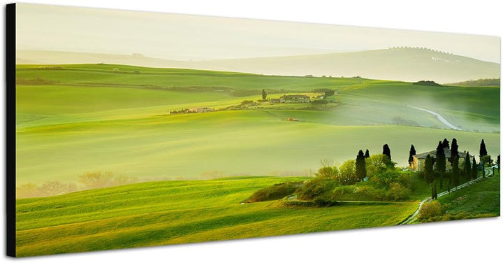 Paul Sinus Art Panoramabild auf Leinwand und Keilrahmen 150x50cm Toskana Landschaft Wiesen Hügel Häu