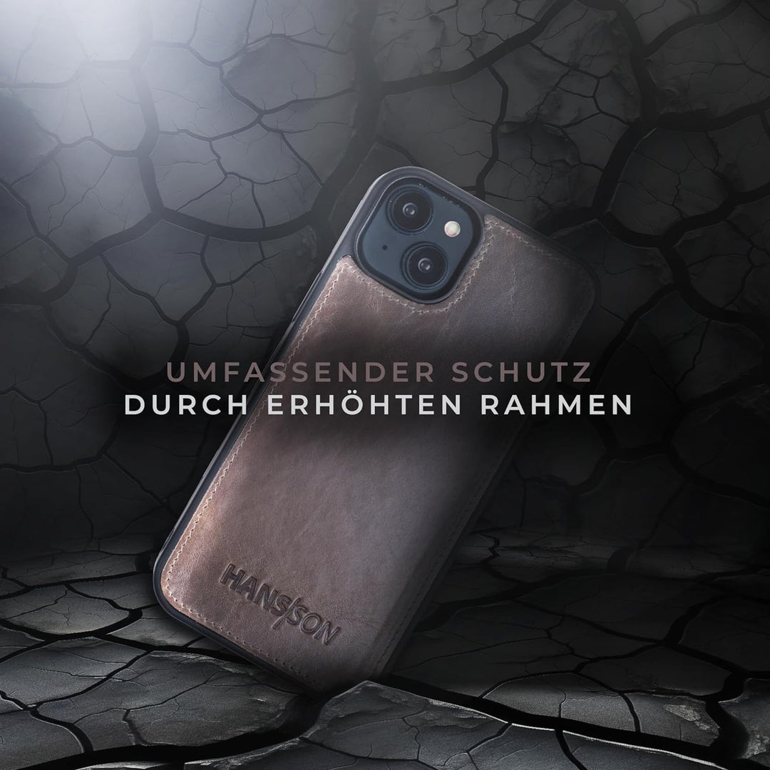 HANS/SON Lederhülle mit Kartenfächern | iPhone 14 | Echtleder | 6,1 Zoll | Schmal | Klapphülle | Sto