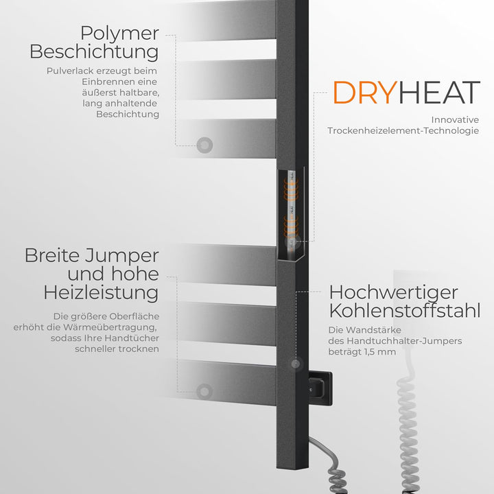 Elektrischer Handtuchhalter Black Largo 500x1000 mit Sensor Rechts - Schwarze Eleganz, Elektrischer