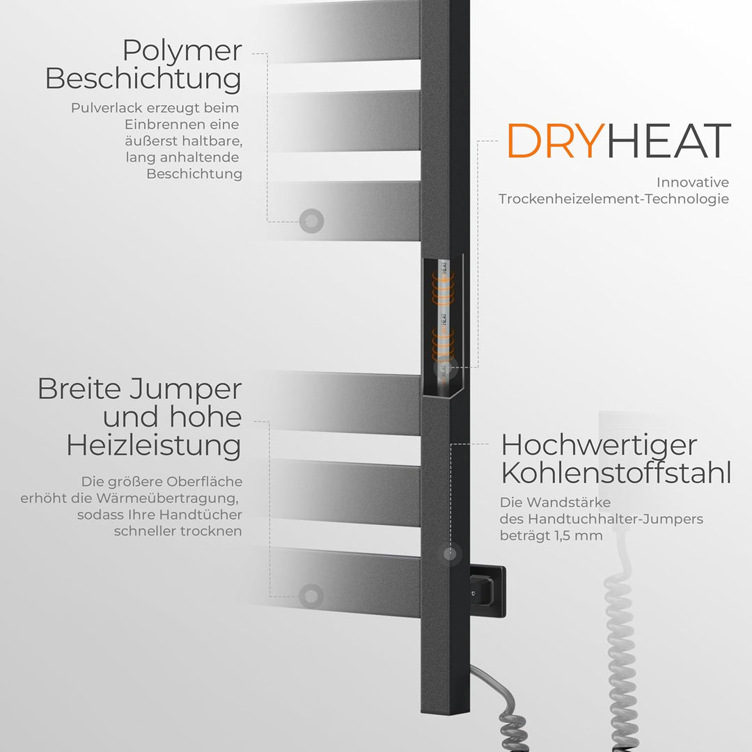 Elektrischer Handtuchhalter Black Largo 500x1000 mit Sensor Links - Modernes Design in Schwarz, Elek