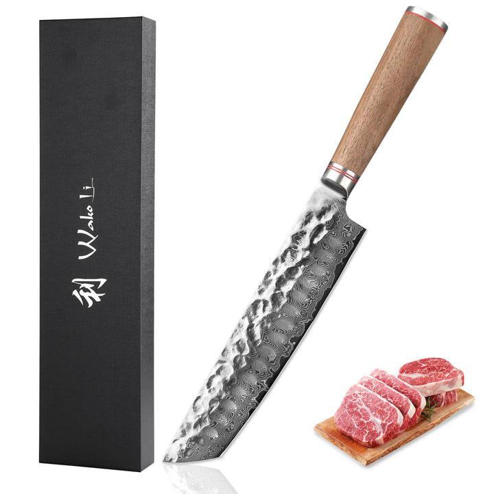 Wakoli Nussbaum Chefmesser Tanto, 20 cm Klinge aus 67 Lagen Damaststahl mit VG10 Kern, V Schliff 15°