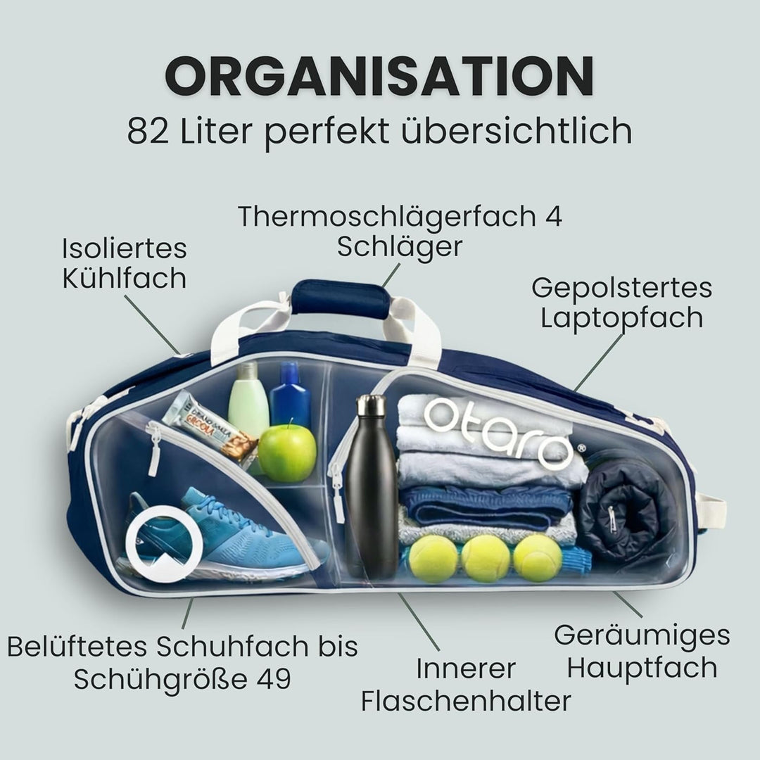 Otaro Tennistasche 82L | Tennisschläger Tasche für 4 Schläger mit Thermofach, Schuhfach & Kühlfach |