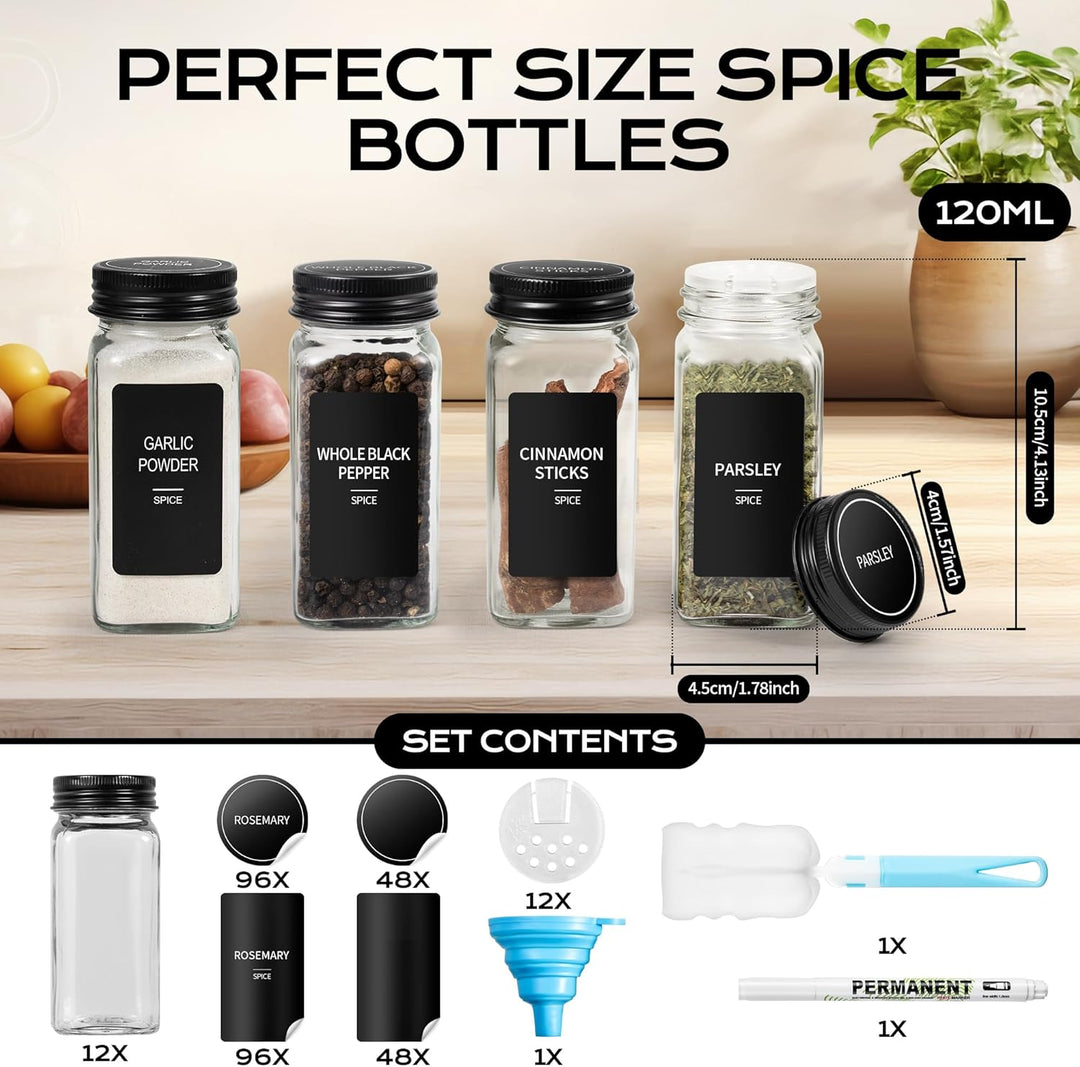 Gewürzgläser Eckig mit Aluminiumdeckeln(24 x 120ml) + 288 Etiketten | Gewürzdosen Set Glas mit Streu