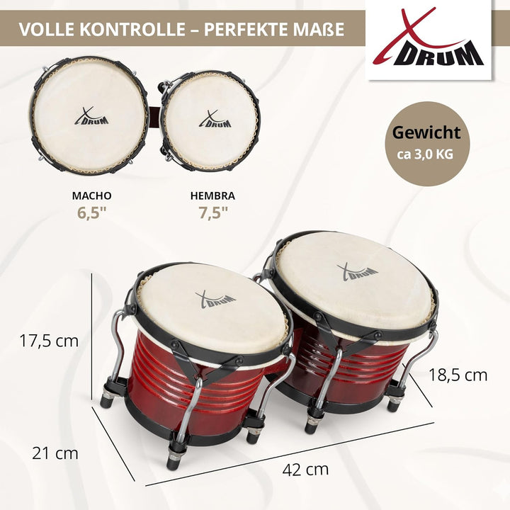 XDrum Bongos Pro Weinrot - 2 Trommeln mit 6,5" (17 cm) und 7,5" (20 cm) Durchmesser - Bongotrommeln