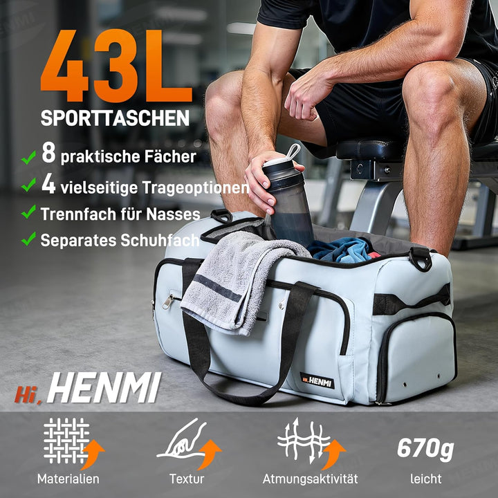 HENMI Sporttasche &amp; Reisetasche für Herren und Damen, 43L Gross gymbag mit Schuhfach und Nassfach, F
