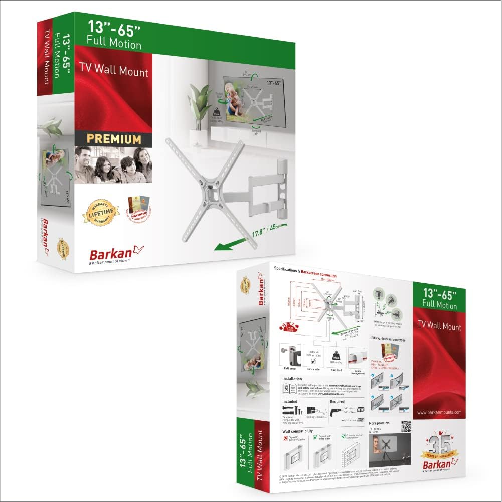 Barkan TV-Wandhalterung, 13-65 Zoll (33-165 cm), voll beweglich, 4 Bewegungen, Flache/Gebogene Bilds