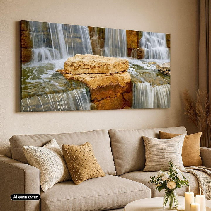 Panorama Bilder auf Leinwand 100x40cm Leinwandbild Wasserfall Steine Wasser Gross Wanddeko Bild Schl