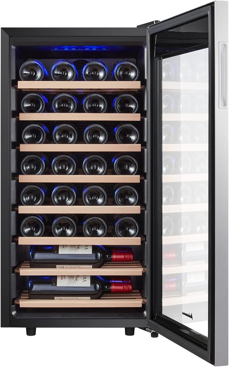 Kalamera Weinkühlschrank, 28 Flaschen 86 Liter, Touch-Bedienfeld, Edelstahl Glastür, 5-18°C Kühlzone