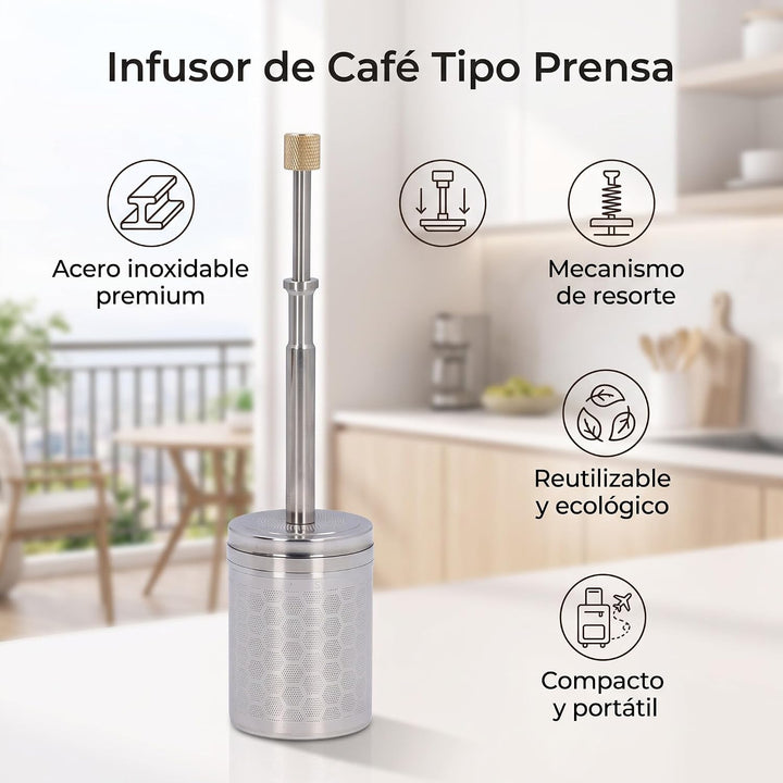 Tragbare Mikro-French-Press aus Edelstahl, Wiederverwendbare Kaffee- und Teefilterpresse, Federantri