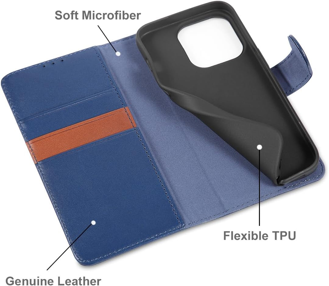 LENSUN Echtleder Hülle für iPhone 15 Pro, Handyhülle Echt Leder [Magnetverschluss][Kartenfach][Klapp