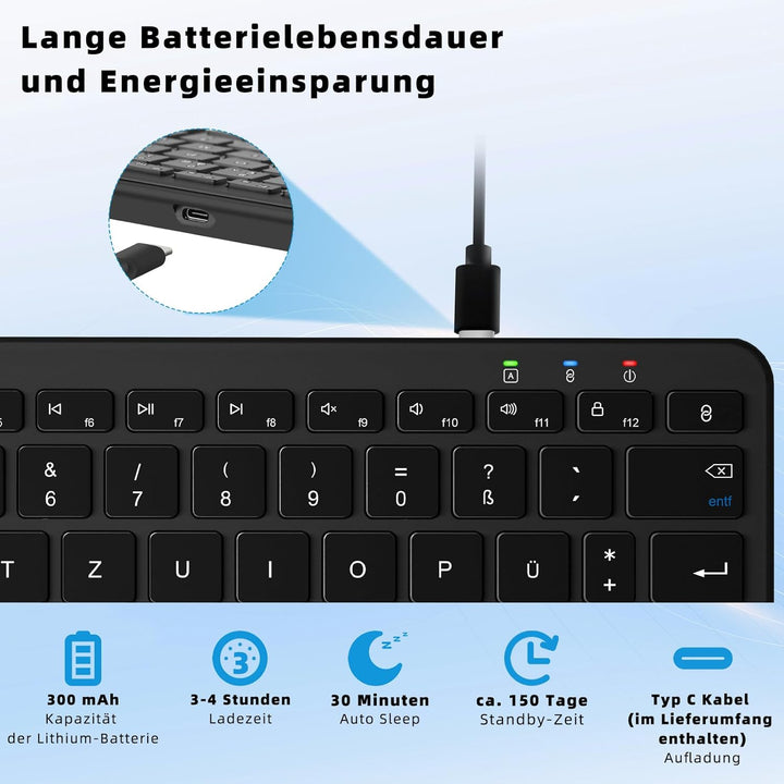 Qulose Kabellose Bluetooth Tastatur, Wiederaufladbare Mini Tastatur Type-C, Funk Tastatur, Ultraslim