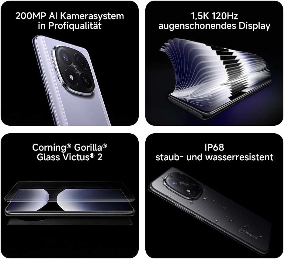 Xiaomi Redmi Note 14 Pro+ 5G Smartphone, 12 + 512GB, Purple, 200MP professionelle AI-Kamera, IP68, 1