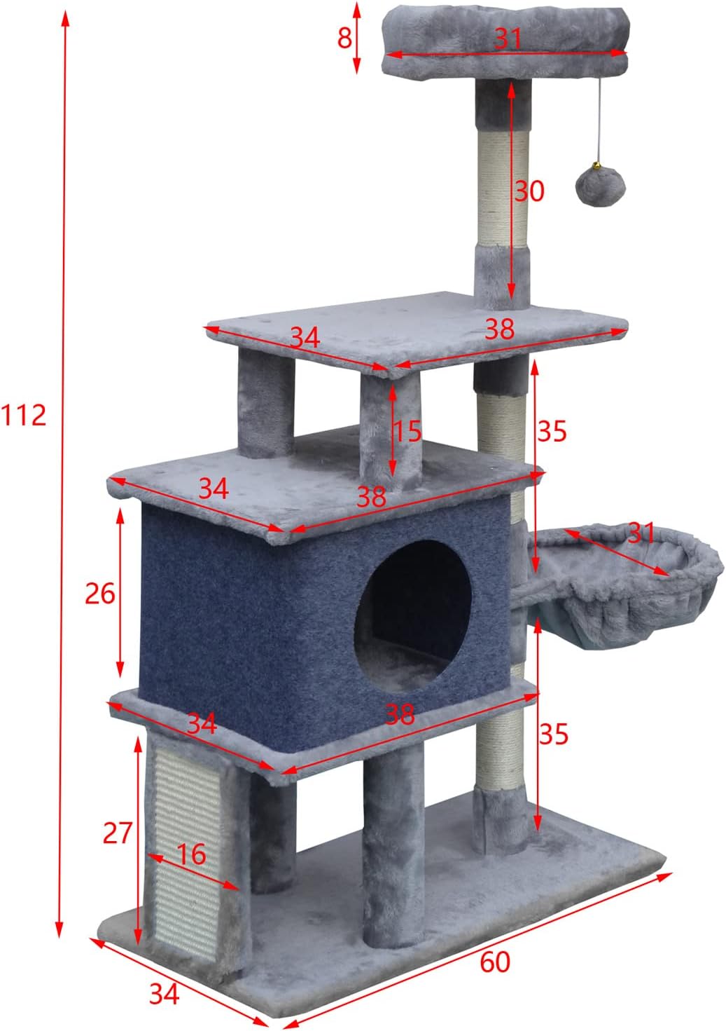 Fudajo Katzenkratzbaum in Dunkelgrau Kratzbaum 112cm hoch Kletterbaum mit Katzenhaus und Liegemulde