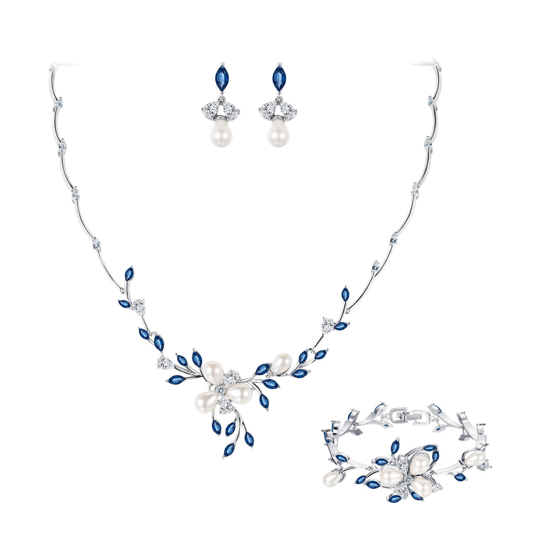 EVER FAITH Zirkon Simulierte Perle Blume Blatt Filigrane Halskette Ohrringe Armband Set Klar Blau Si