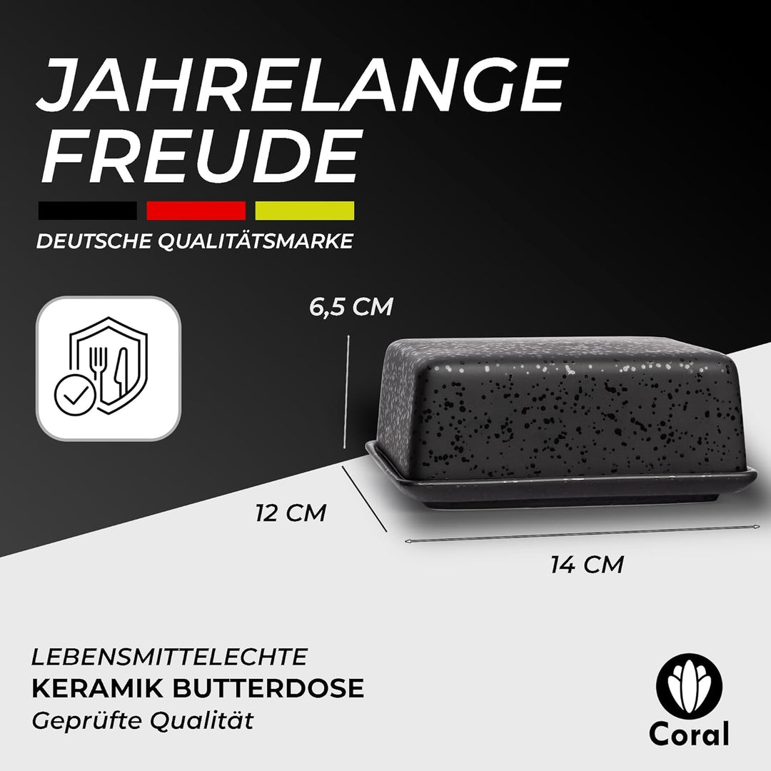 Coral - Butterdose Keramik in Schwarz für 250g Butter (14x12x6,5cm) - Design Butterschale & Butterbo