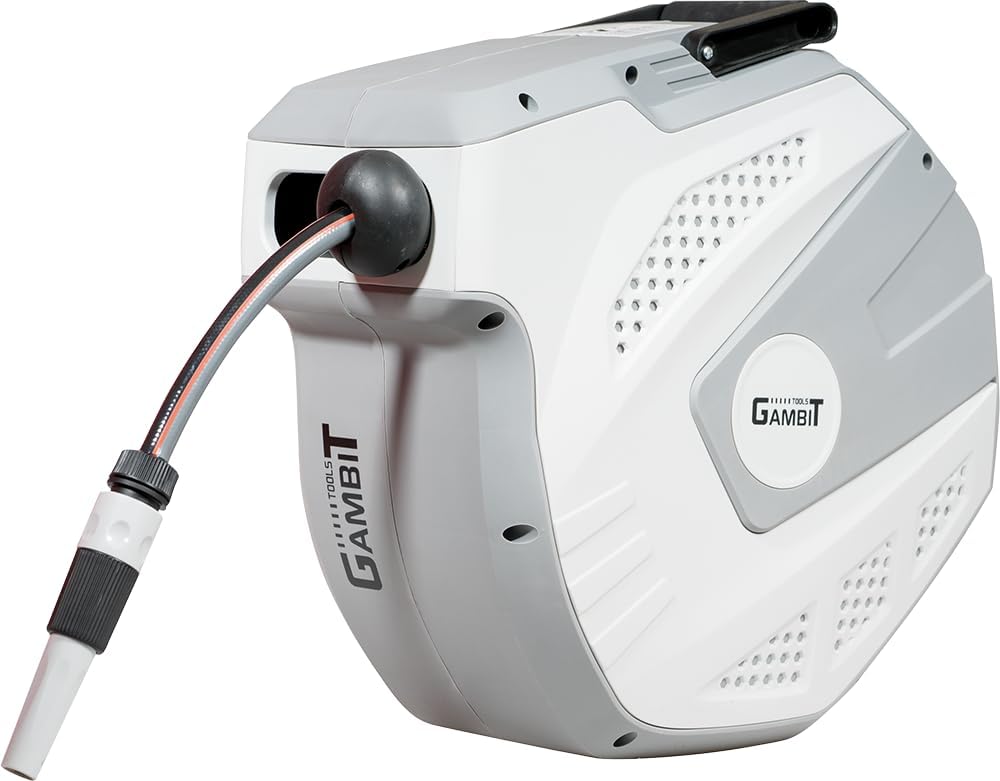 GAMBIT TOOLS Wasserschlauchaufroller, 25m Länge, 1/2 Zoll Anschluss, mit Wandhalterung und Automatis