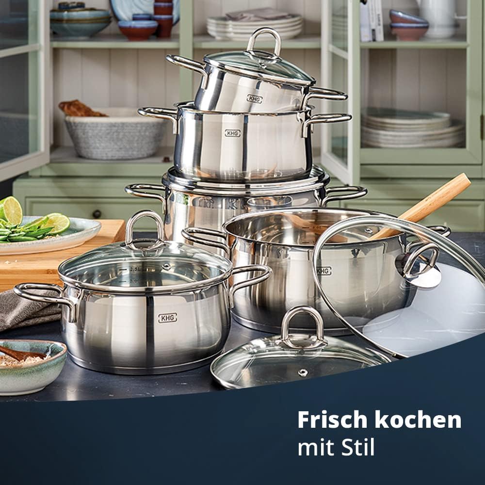 KHG Topfset Induktion aus rostfreiem Edelstahl | 5-teilig inklusive Glasdeckel mit Dampfloch | Kocht