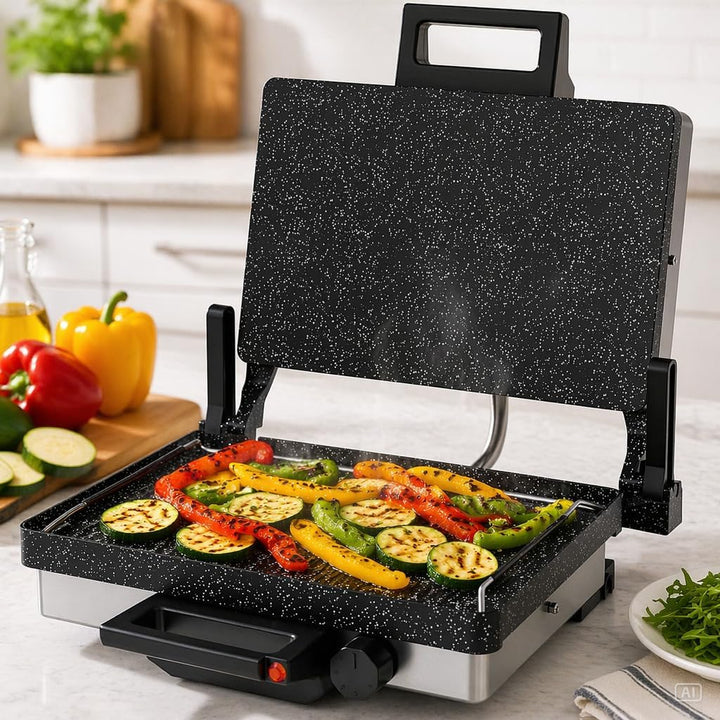 Roland Germany Multigrill, 2000W Elektro-Kontaktgrill, Schwarz, 340x220mm Grillplatten, 5-Stufen Tem