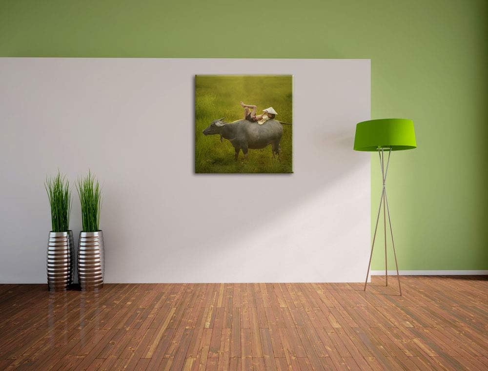 Wasserbüffel trägt Kind, Format: 70x70 auf Leinwand, XXL riesige Bilder fertig gerahmt mit Keilrahme