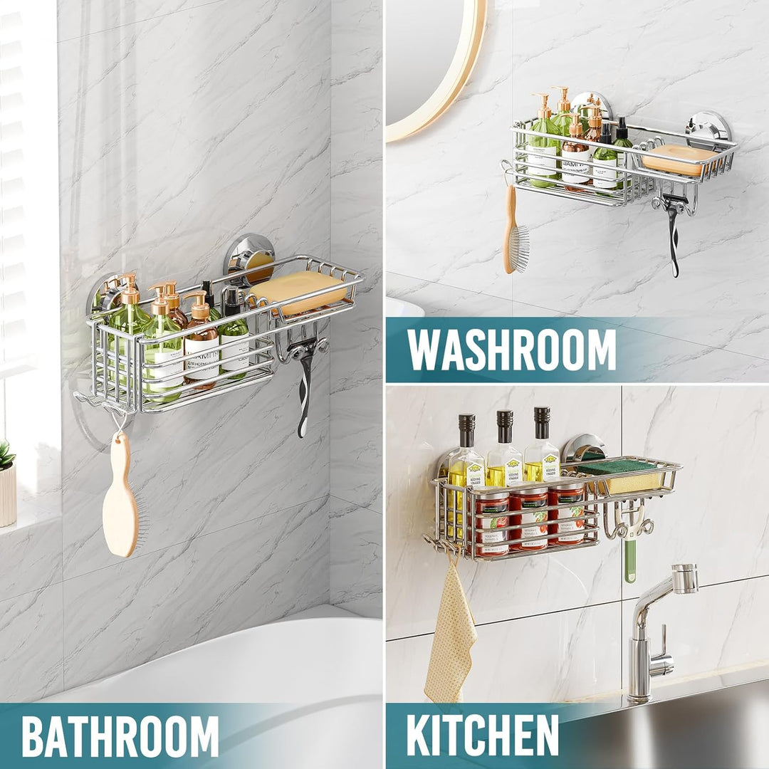 TAILI Rostfrei Duschregal Ohne Bohren, Dusche Caddy Saugnapf mit Haken & Seifenhalter, Badezimmer Du
