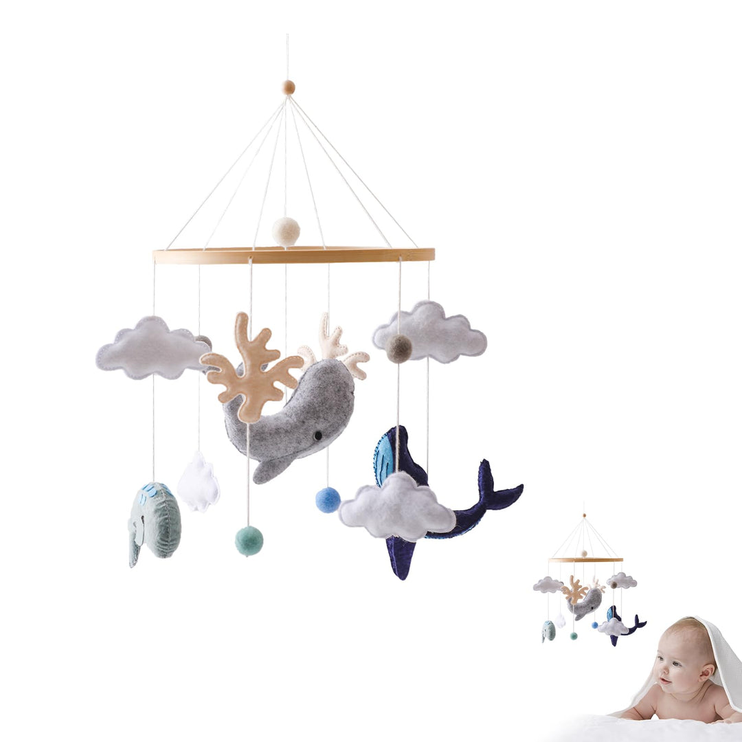 Promise Babe Mobile Baby Meerestiere mit Filzbällen, Babyzimmer Tier Delphine Wale Holz Gehäkelt Mob