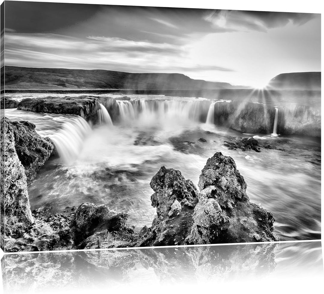 Pixxprint Monocrome, Idyllische Wasserfälle bei Sonnenuntergang, Format: 100x70 auf Leinwand, 100x70