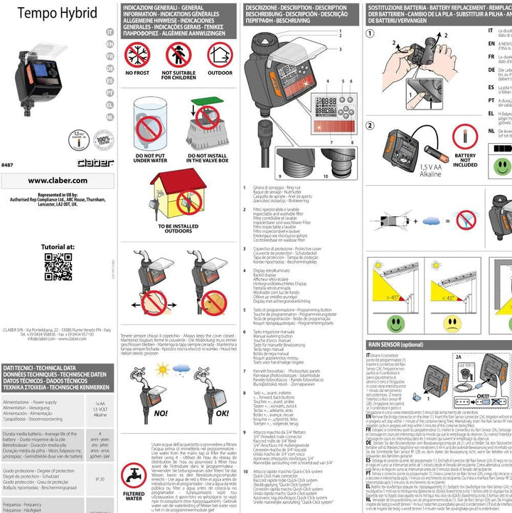 Claber Tempo Hybrid, Automatischer EIN-Wege-Bewässerungscomputer mit integriertem Photovoltaikmodul