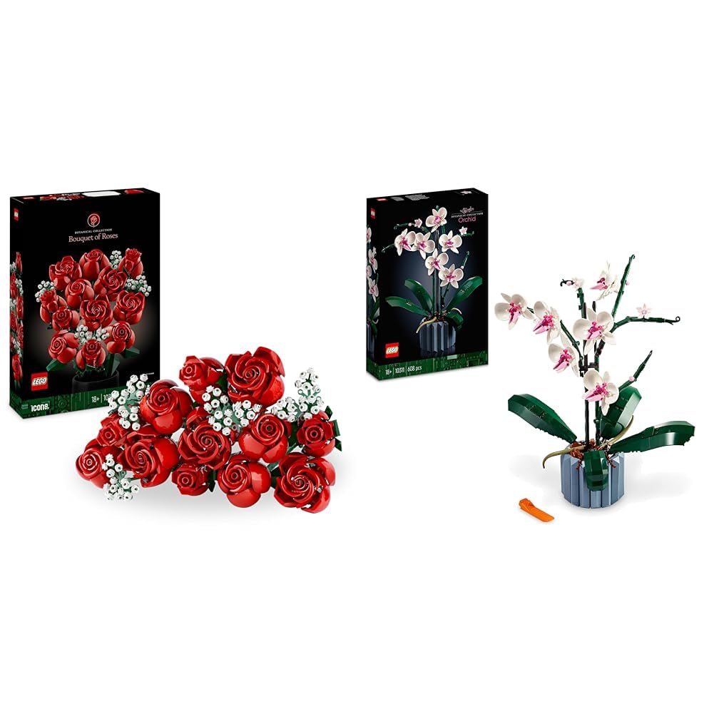 LEGO Icons Rosenstrauss, künstliche Blumen als Zimmer-Deko & Icons Orchidee, Künstliche Pflanzen Set