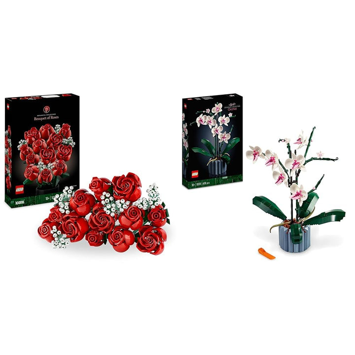 LEGO Icons Rosenstrauss, künstliche Blumen als Zimmer-Deko & Icons Orchidee, Künstliche Pflanzen Set