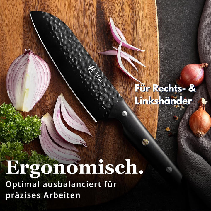 Wakoli Yugen Santokumesser 18 cm | Küchenmesser aus Edelstahl mit G10-Griff | Mattschwarze Titanbesc