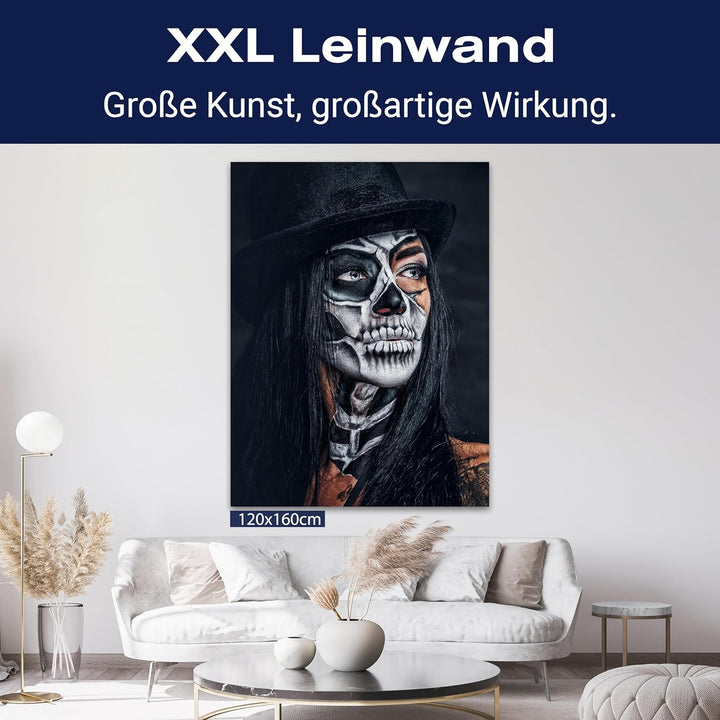 wandmotiv24 Leinwandbild Starke Frauen, Hochformat, Frau mit Totenkopf Makeup M0139 80L x 60B cm Lei
