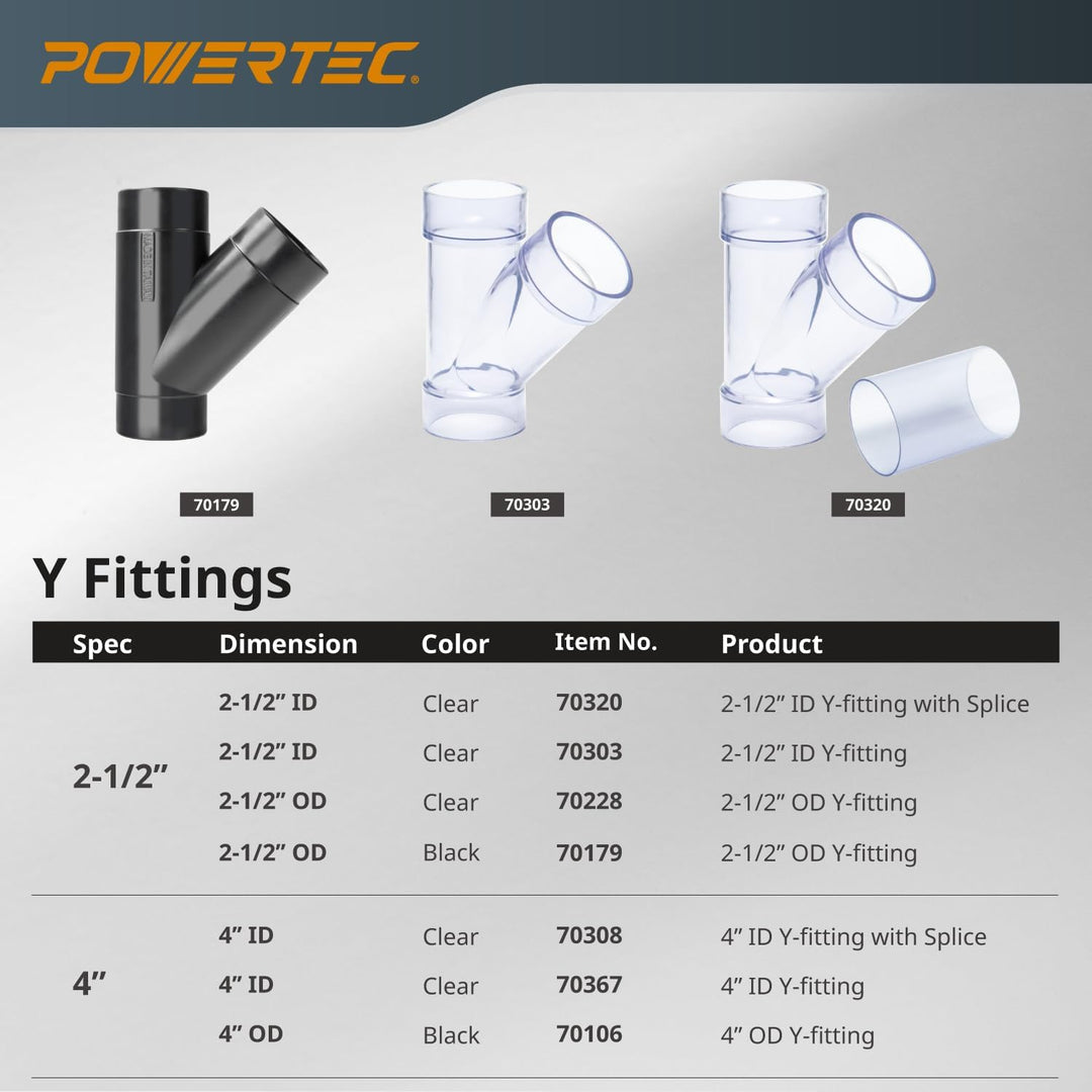 POWERTEC 70228 6,4 cm transparente Y-Fassung für 2-1/2 Zoll Staubsammelschlauch, 2 1/2 Zoll Staubsam