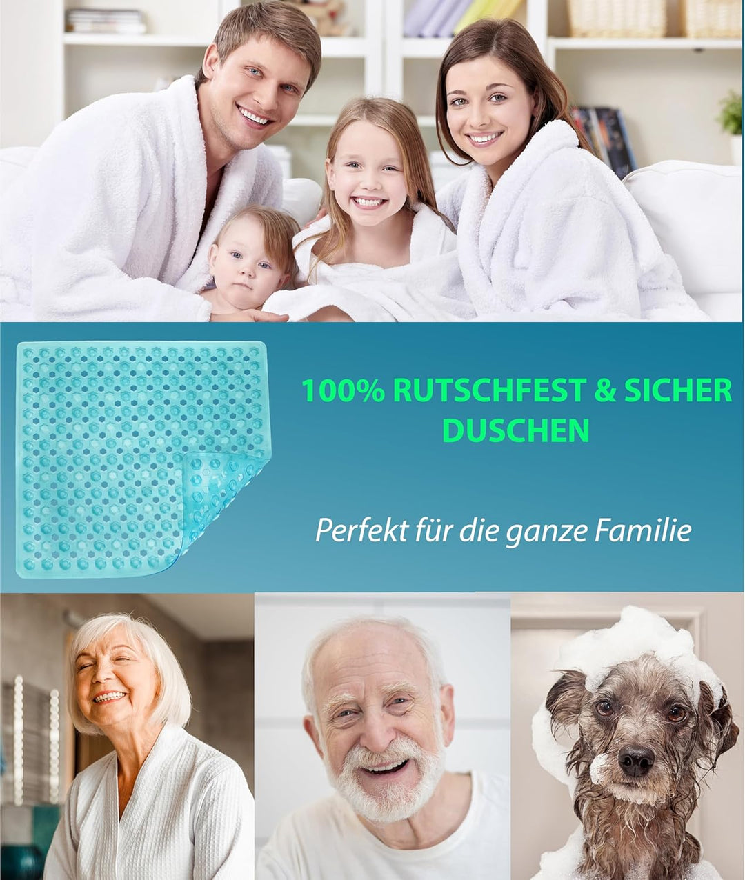 Blumbach® Duschmatte rutschfest 53x53cm - 100% BPA-frei - Inkl. 2 Haken zum Aufhängen - griffige Ant