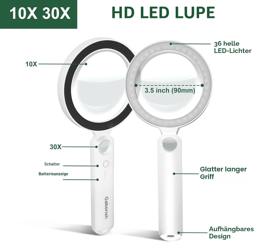 Grosse Lupe mit Licht USB Aufladbar, 10X 30X Leselupe mit Licht für Senioren Gross, 36 LED & 5 Licht