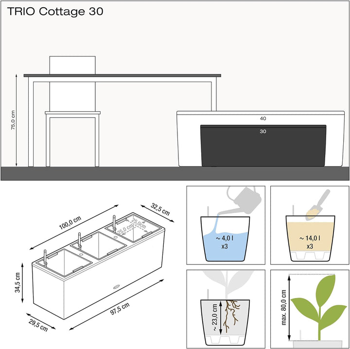 LECHUZA TRIO Cottage 30 graphitschwarz 15002 Pflanzgefäss mit Erd-Bewässerungs-System 100x32,5x34,5