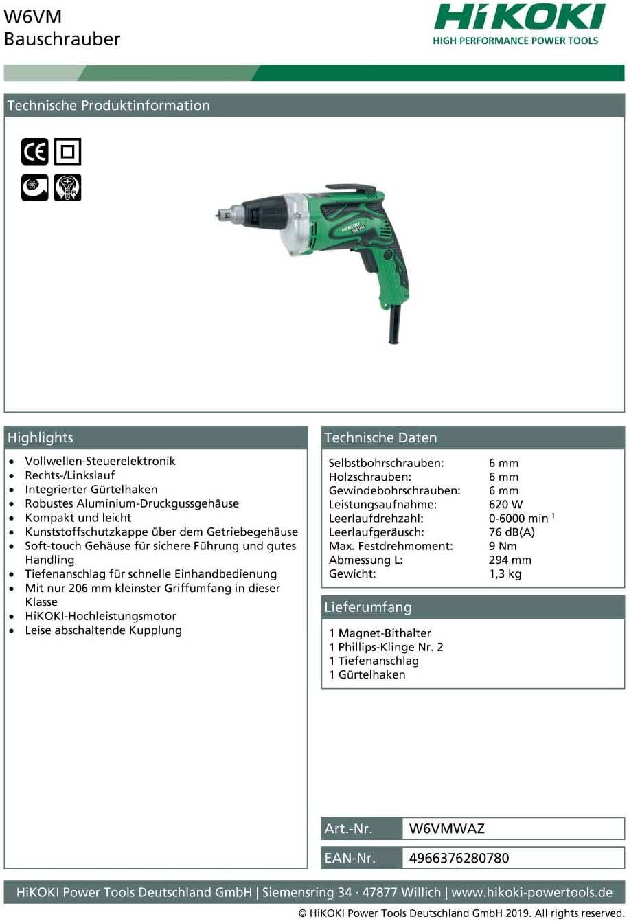 HiKOKI W6VM Bauschrauber, 620 W Trockenbauschrauber, 9 Nm Drehmoment | 230 V Elektro-Schrauber mit A