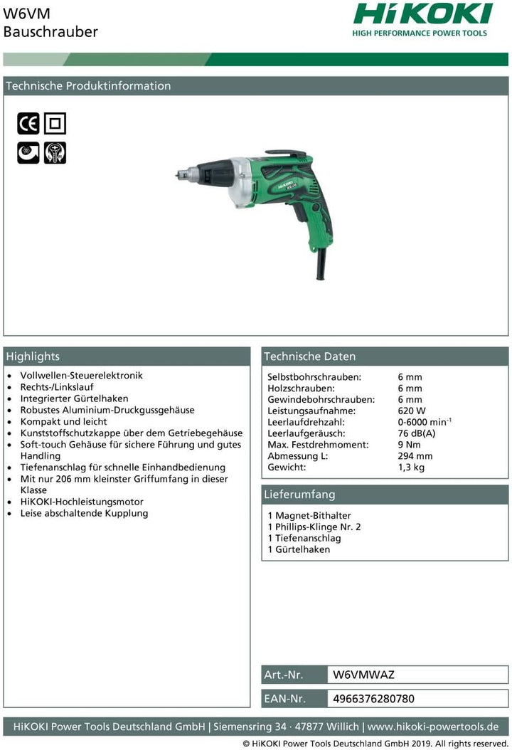 HiKOKI W6VM Bauschrauber, 620 W Trockenbauschrauber, 9 Nm Drehmoment | 230 V Elektro-Schrauber mit A