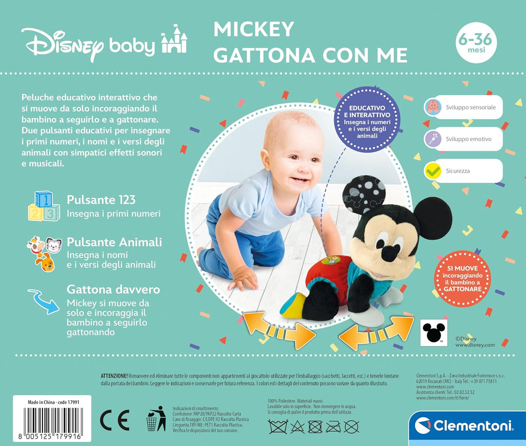 Clementoni Disney Baby Mickey Katze mit Mir - Plüschtier Disney Italienisch sprechend, Lieder und Ki