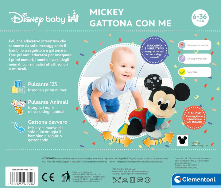 Clementoni Disney Baby Mickey Katze mit Mir - Plüschtier Disney Italienisch sprechend, Lieder und Ki