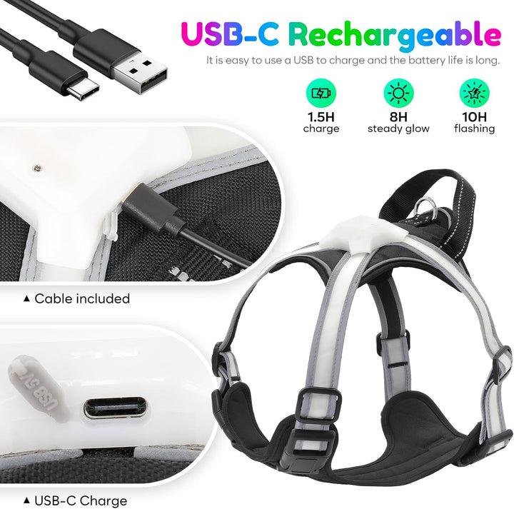 LED Hundegeschirr Leuchtend, Multicolor Reflektierendes Leuchthundegeschirr für Nacht, USB-C Wiedera