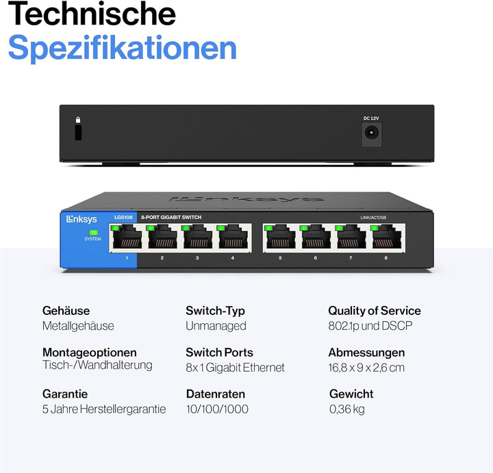 Linksys LGS108-EU 8-Port Unmanaged Gigabit-Netzwerk-Switch – Ethernet-Switch/Hub mit Metallgehäuse,