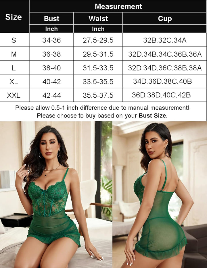 Avidlove Damen Spitze Body Kurz Kleid Sexy Dessous mit Bügel Mesh Nachthemd mit String Plissiertes B