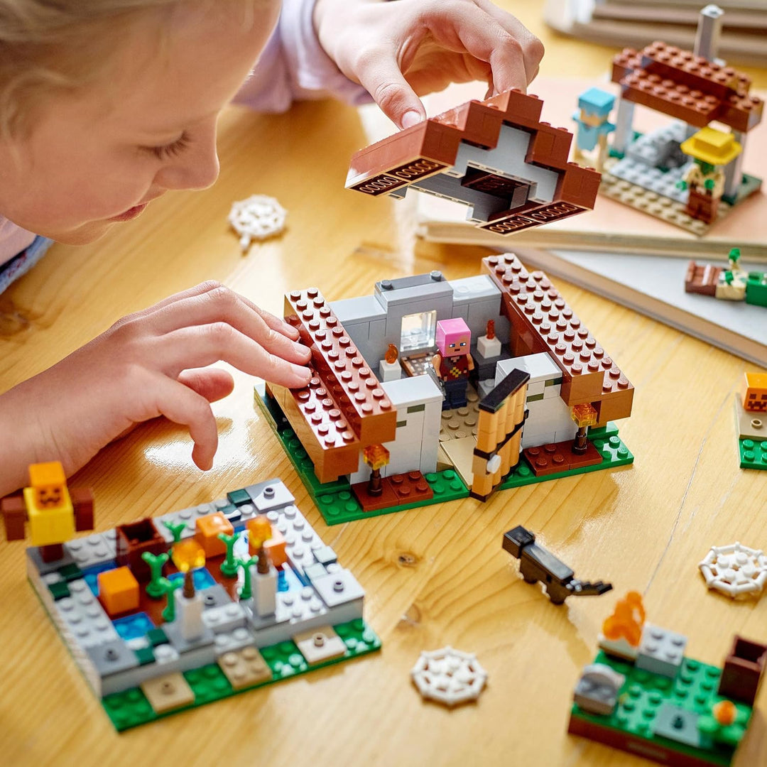 LEGO 21190 Minecraft Das verlassene Dorf, Spielzeug mit Zombiejäger Lager, Werkstatt, Farm und Haus